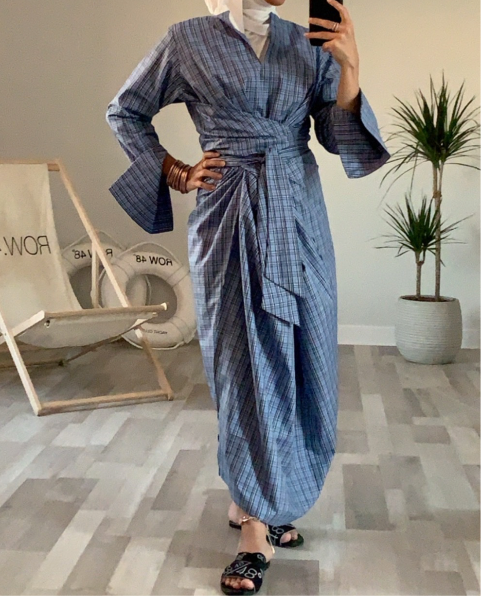 PLAID BLUE WRAP DRESS